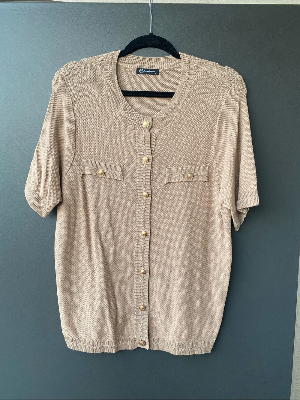 Short-Sleeve Button-Front Knit Top - Taupe